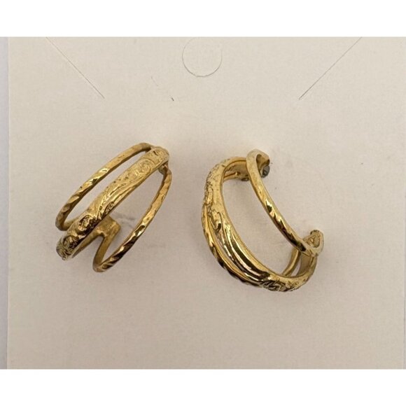 Vintage Triple Hoop Gold Tone Earrings Textured Design Elegant Fashion Jewelry - Picture 7 of 7
